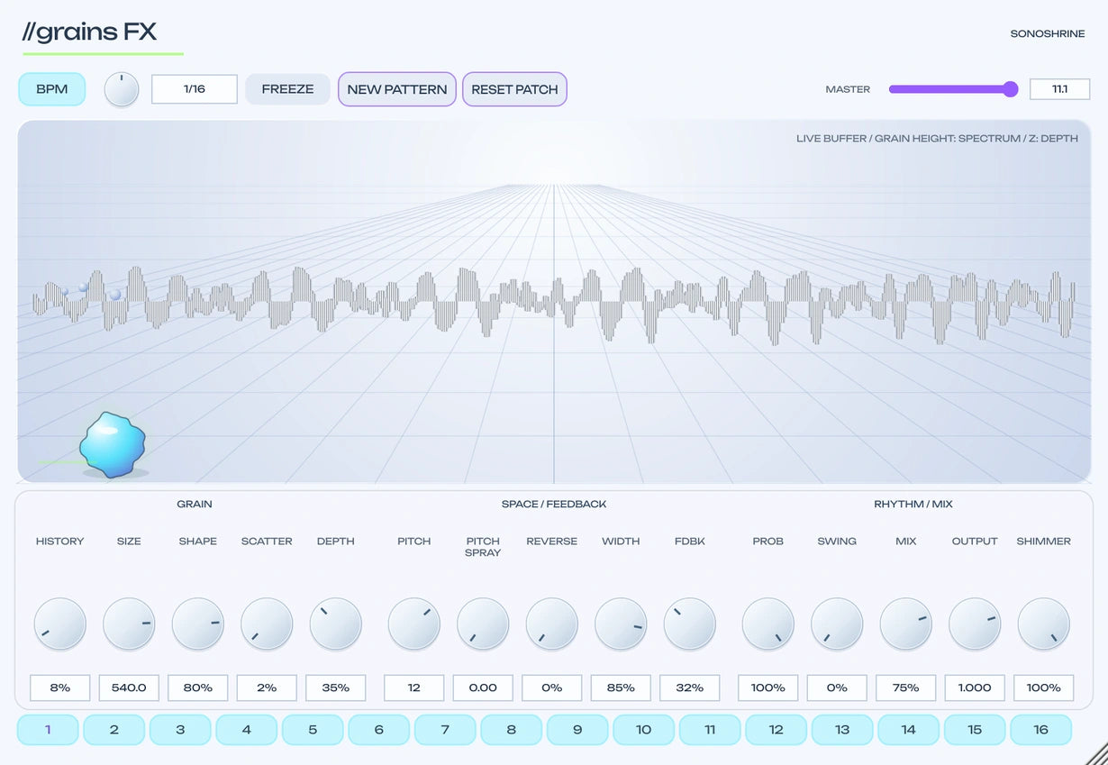 Actual //grains FX interface showing the waveform, rhythm sequencer and shimmer controls